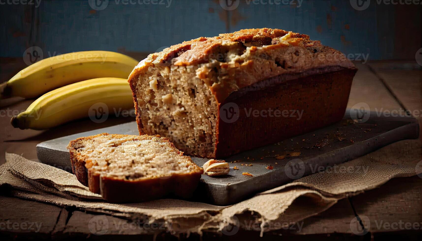 Homemade banana bread on wooden background. Banana Bread Nut Loaf. banana bread loaf that is sliced into with one slice in front. photo