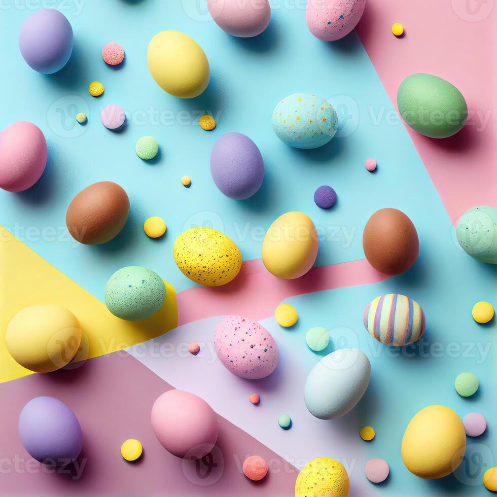 Top view photo of easter decorations multicolored easter eggs on isolated pastel background. Colorful Easter Egg bottom border over a pastel paper banner background.