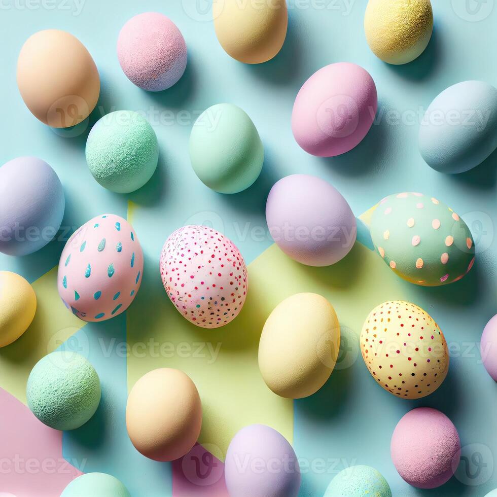 Top view photo of easter decorations multicolored easter eggs on isolated pastel background. Colorful Easter Egg bottom border over a pastel paper banner background.