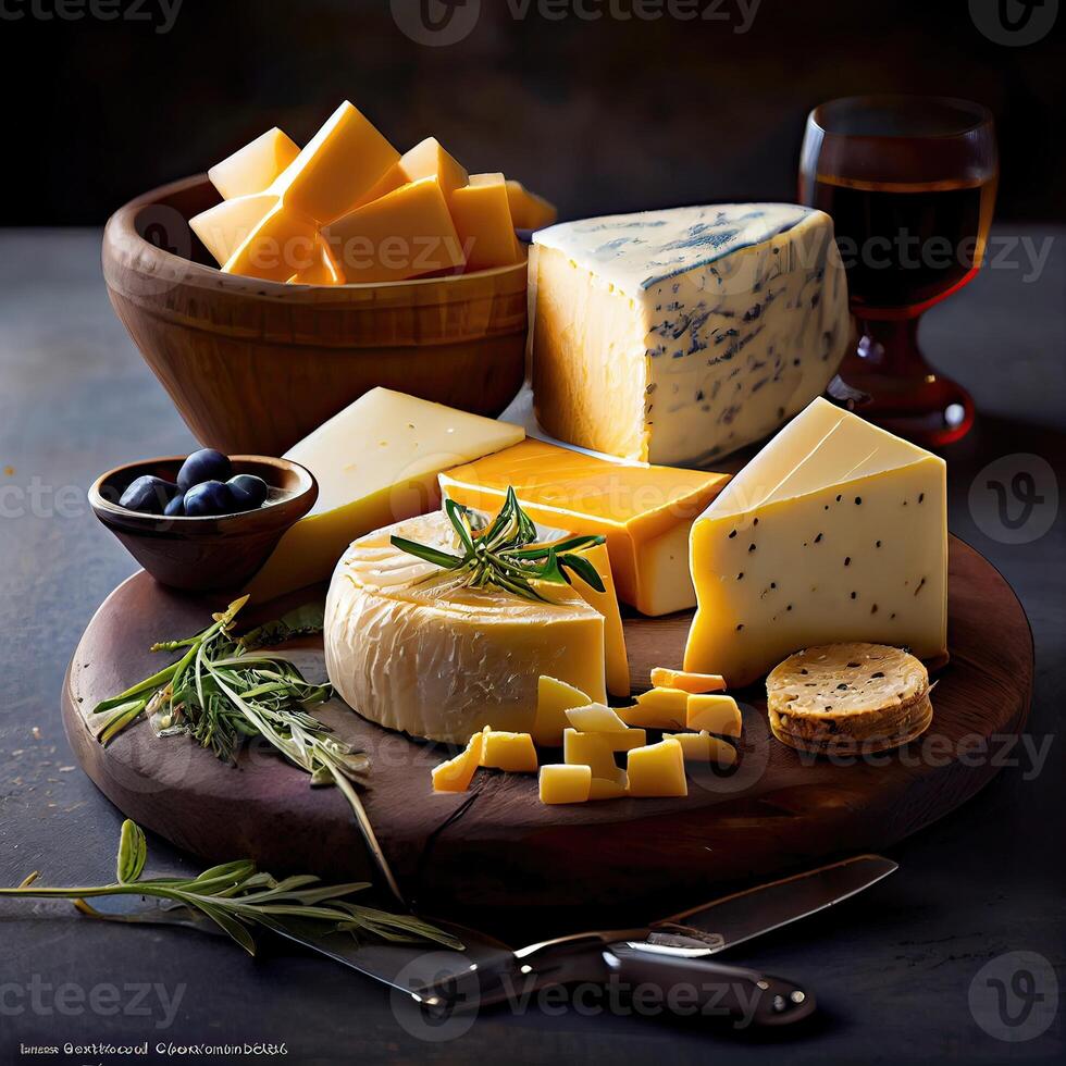 Different types of cheeses on a wooden background. Assortment of cheeses. Side view. Cheese variety on dark rustic backgrounds. Soft and hard cheeses. photo