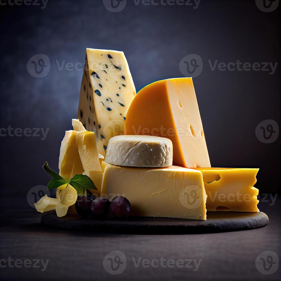 Different types of cheeses on a wooden background. Assortment of cheeses. Side view. Cheese variety on dark rustic backgrounds. Soft and hard cheeses. photo