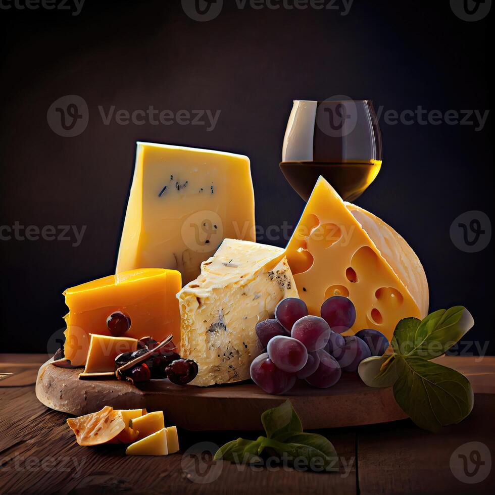 Different types of cheeses on a wooden background. Assortment of cheeses. Side view. Cheese variety on dark rustic backgrounds. Soft and hard cheeses. photo