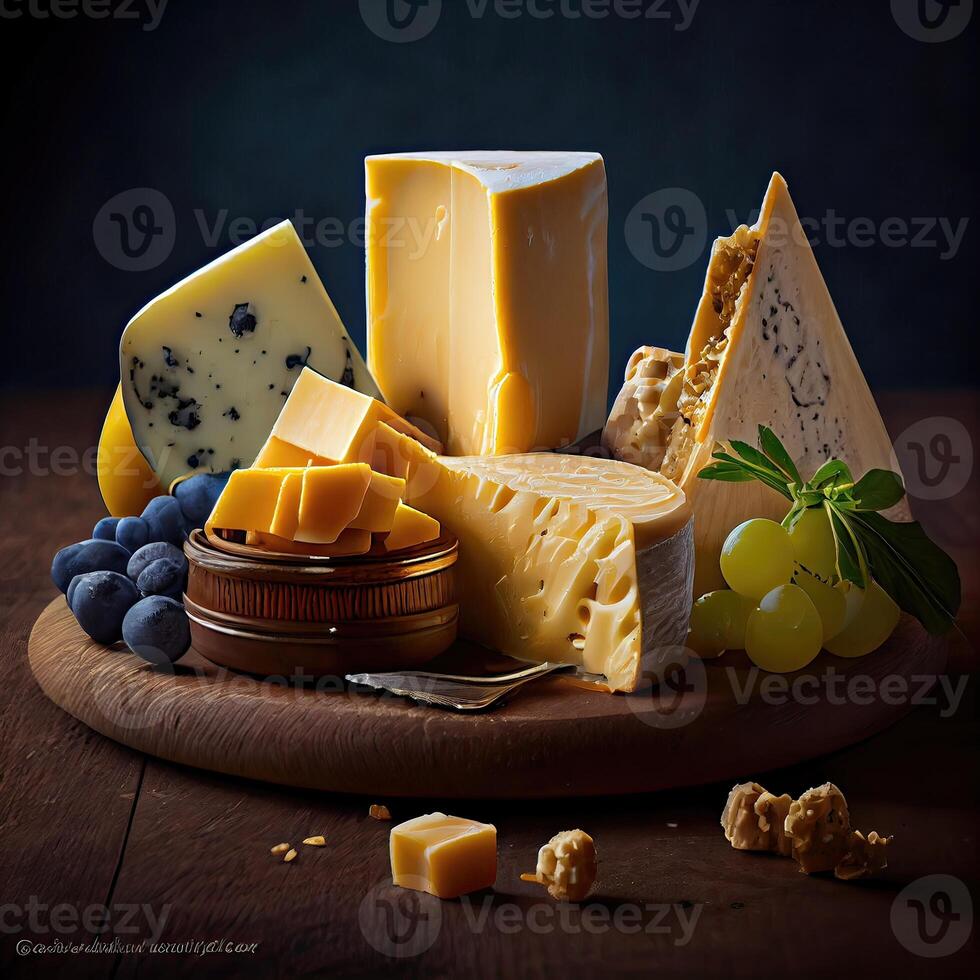 diferente tipos de quesos en un de madera antecedentes. surtido de quesos lado vista. queso variedad en oscuro rústico antecedentes. suave y difícil quesos generativo ai foto