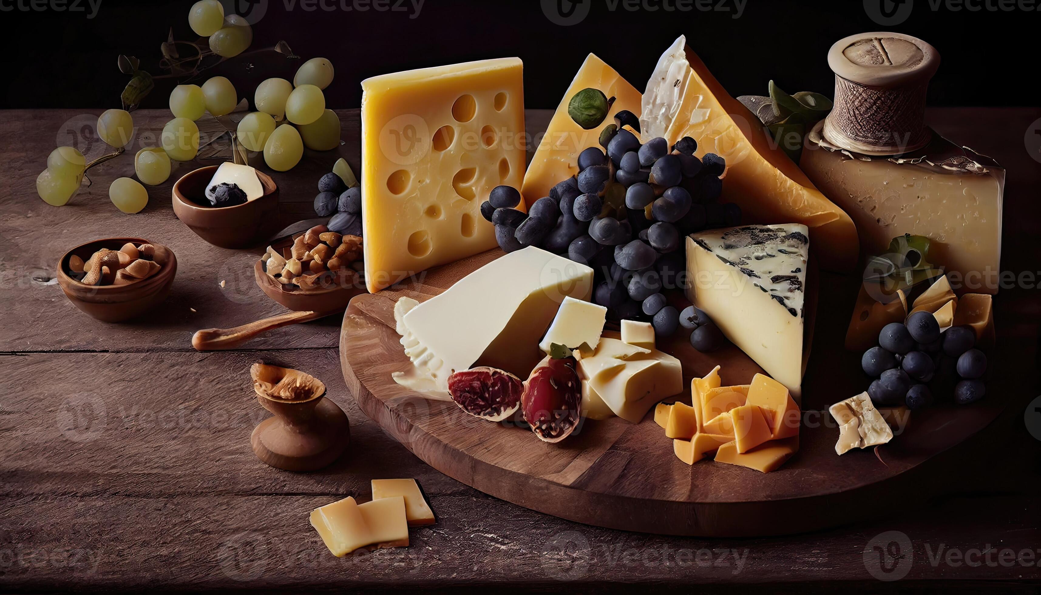 diferente tipos de quesos en un de madera antecedentes. surtido de