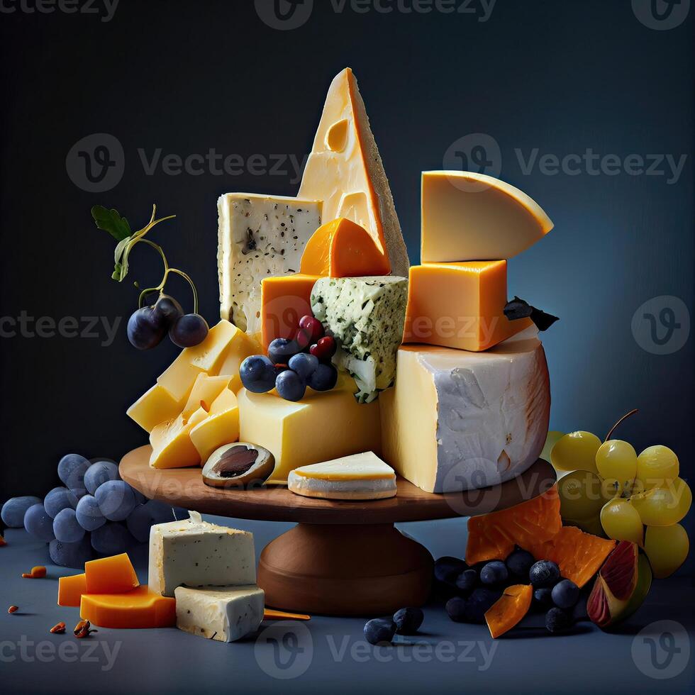 diferente tipos de quesos en un de madera antecedentes. surtido de quesos lado vista. queso variedad en oscuro rústico antecedentes. suave y difícil quesos generativo ai foto
