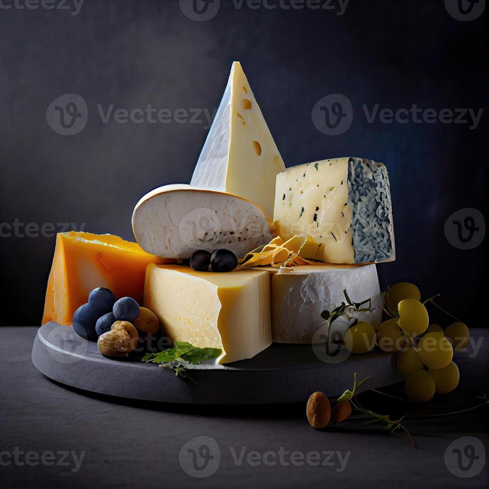 diferente tipos de quesos en un de madera antecedentes. surtido de