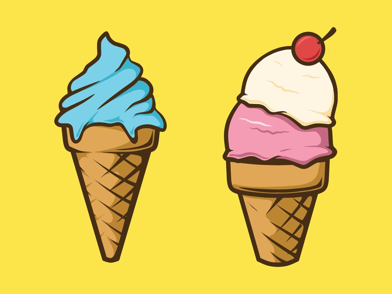 Two ice cream cones with one with a cherry on the top vector