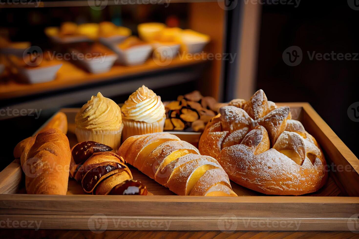 bakery interior with display counters full of scrumptious bread and pastries. Shop a patisserie or bakery with croissants, apple pies, waffles, and churros. Freshly baked pastries. photo