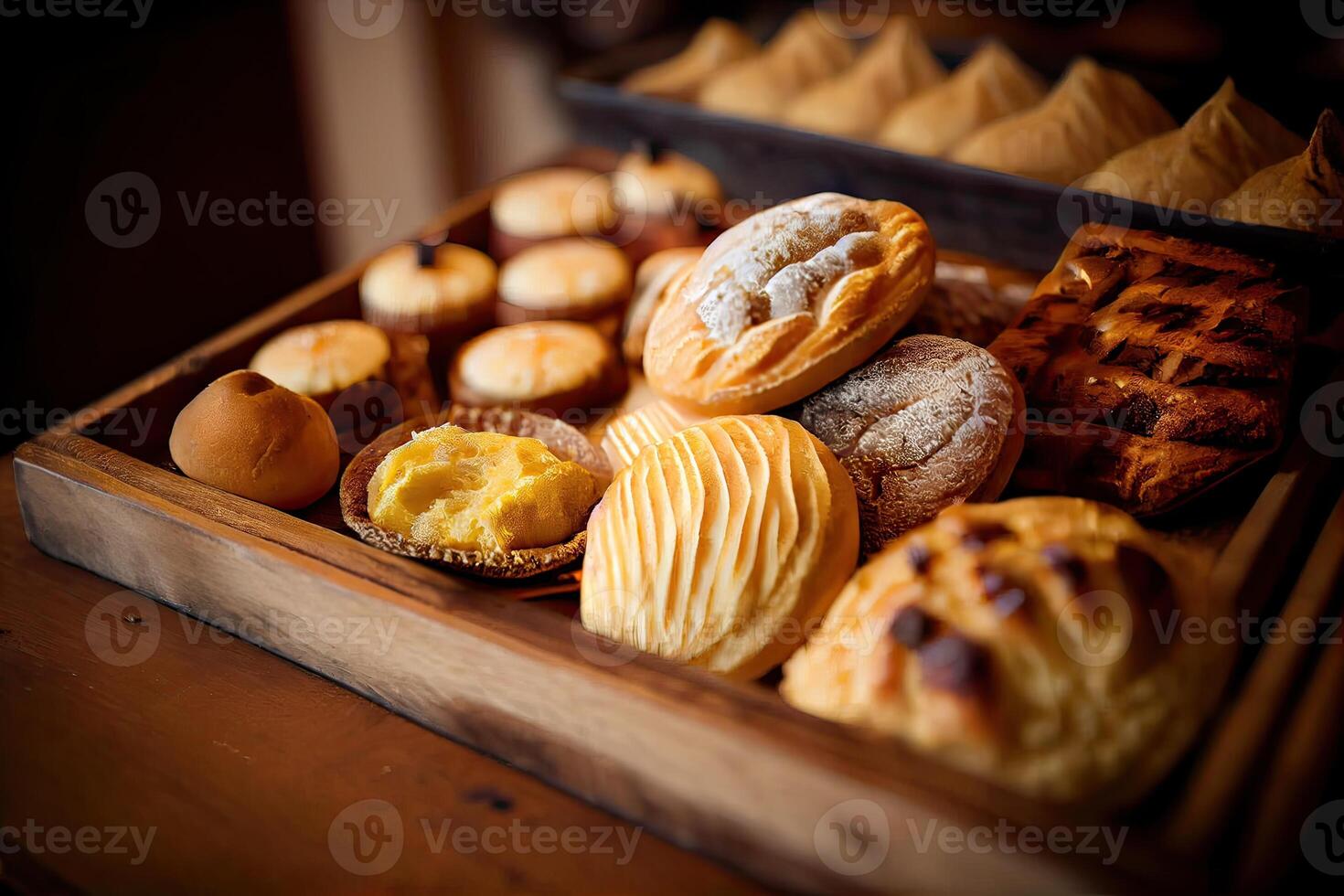 bakery interior with display counters full of scrumptious bread and pastries. Shop a patisserie or bakery with croissants, apple pies, waffles, and churros. Freshly baked pastries. photo