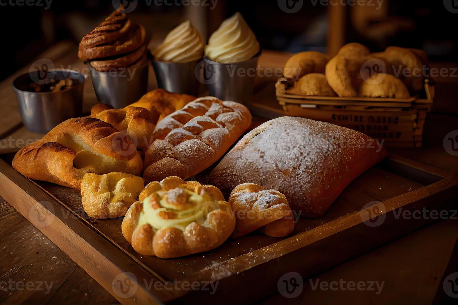 bakery interior with display counters full of scrumptious bread and pastries. Shop a patisserie or bakery with croissants, apple pies, waffles, and churros. Freshly baked pastries. photo