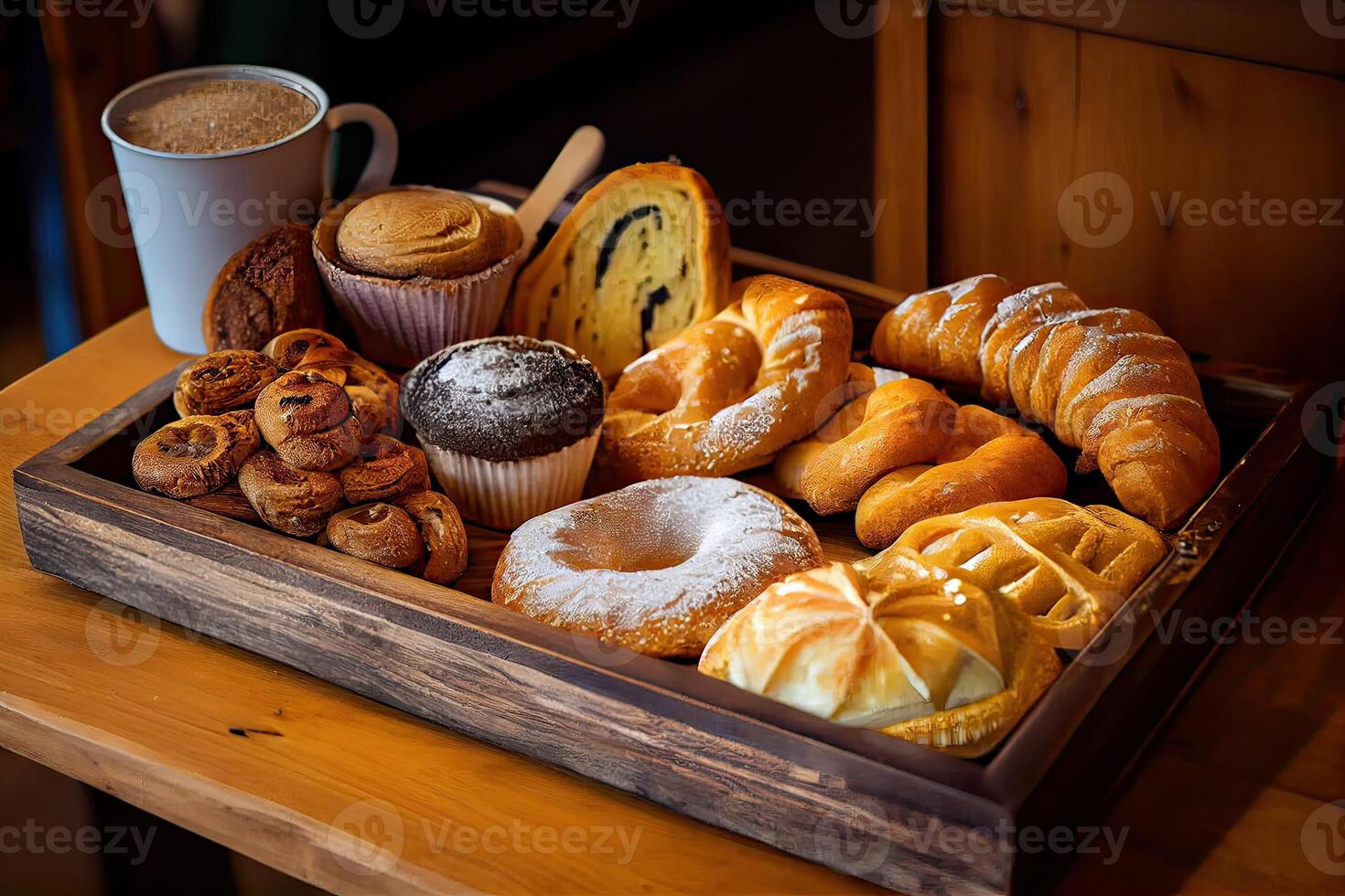 bakery interior with display counters full of scrumptious bread and pastries. Shop a patisserie or bakery with croissants, apple pies, waffles, and churros. Freshly baked pastries. photo