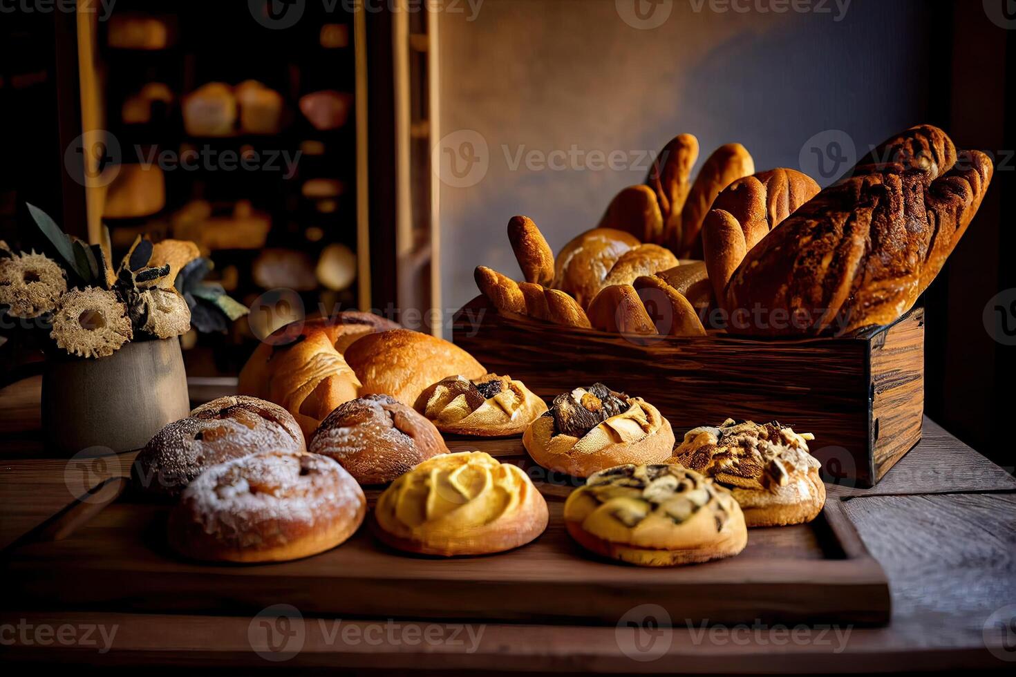 bakery interior with display counters full of scrumptious bread and pastries. Shop a patisserie or bakery with croissants, apple pies, waffles, and churros. Freshly baked pastries. photo