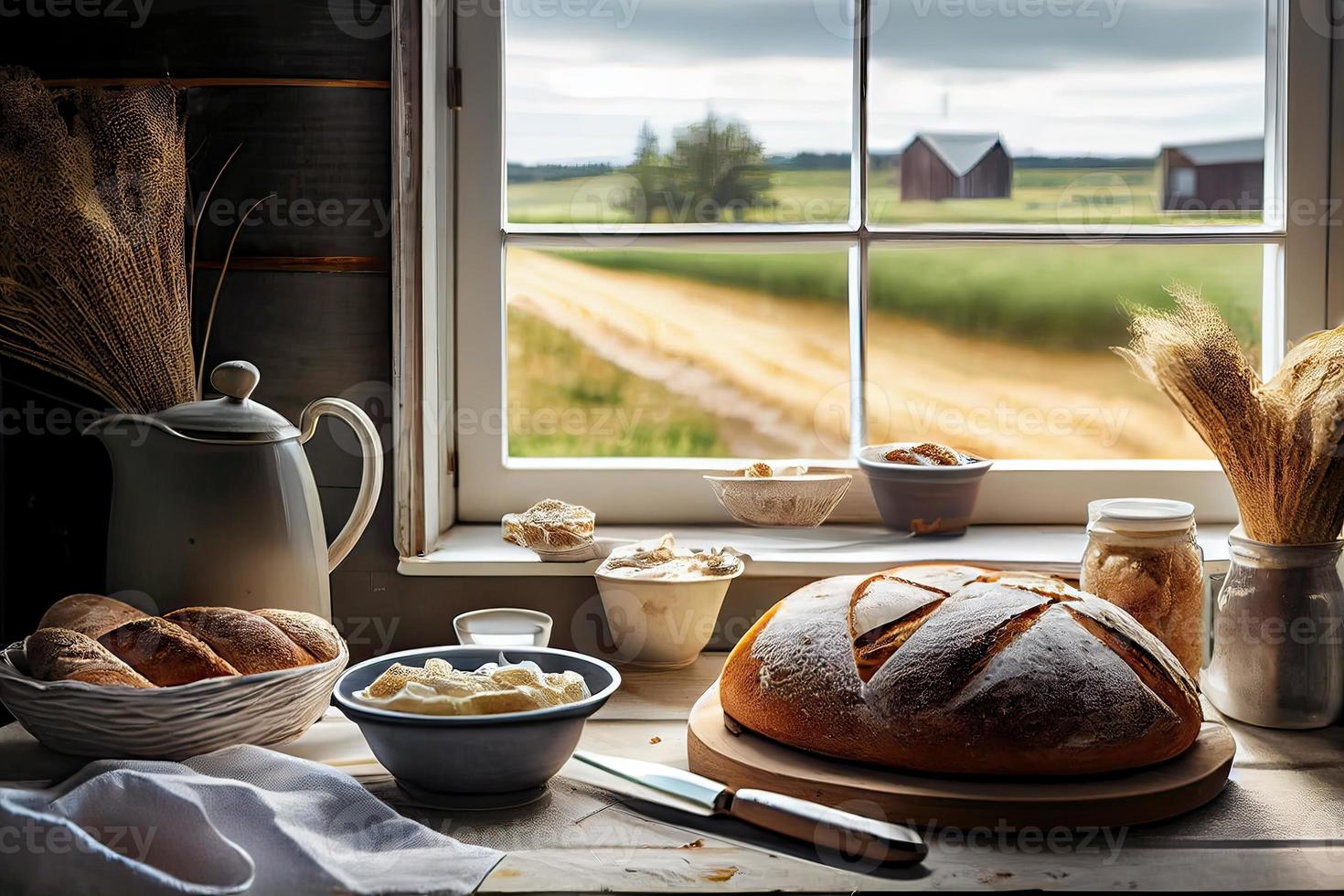 Fresh bread on the kitchen table in front of a window with a countryside panorama, healthy eating and traditional bakery concept. Genrative Ai photo