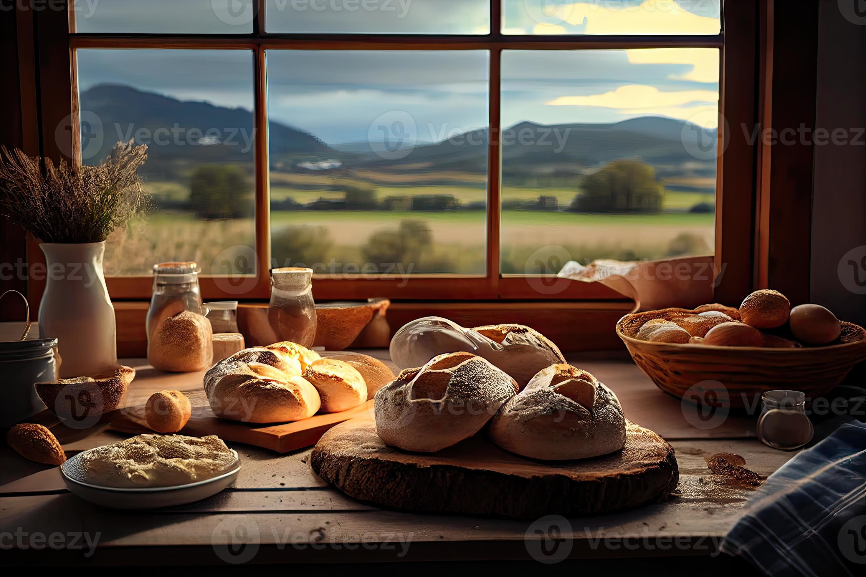 Fresh bread on the kitchen table in front of a window with a