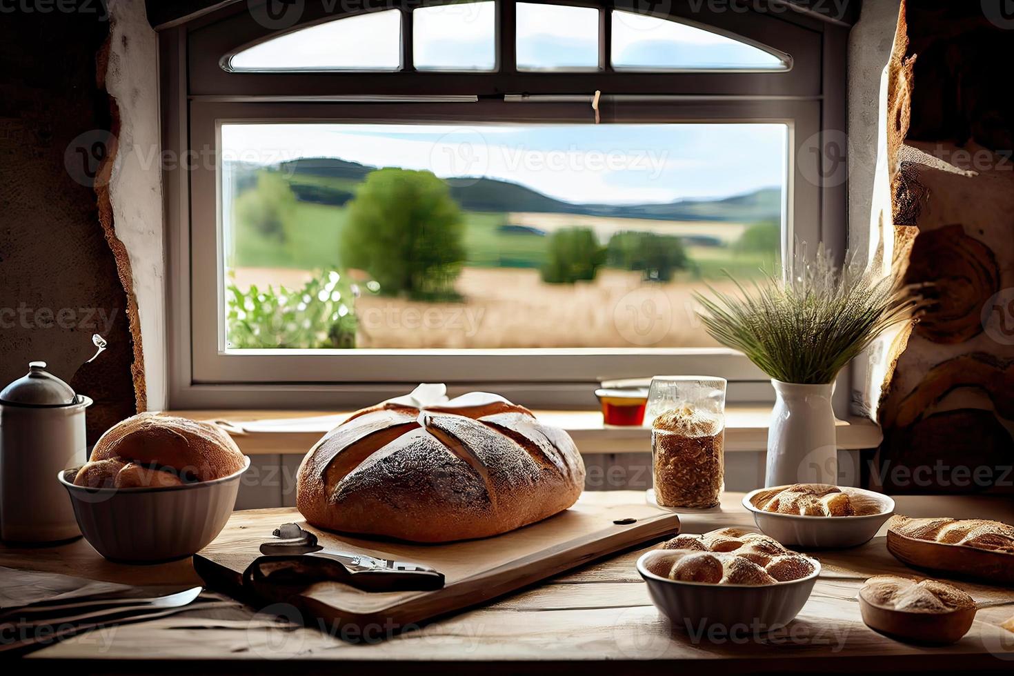 Fresh bread on the kitchen table in front of a window with a countryside panorama, healthy eating and traditional bakery concept. Genrative Ai photo