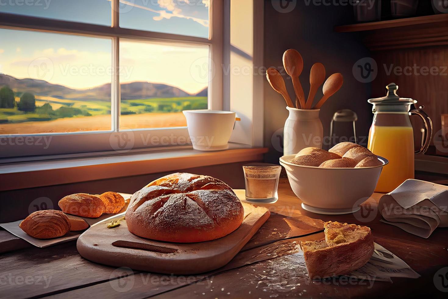 Fresh bread on the kitchen table in front of a window with a countryside panorama, healthy eating and traditional bakery concept. Genrative Ai photo
