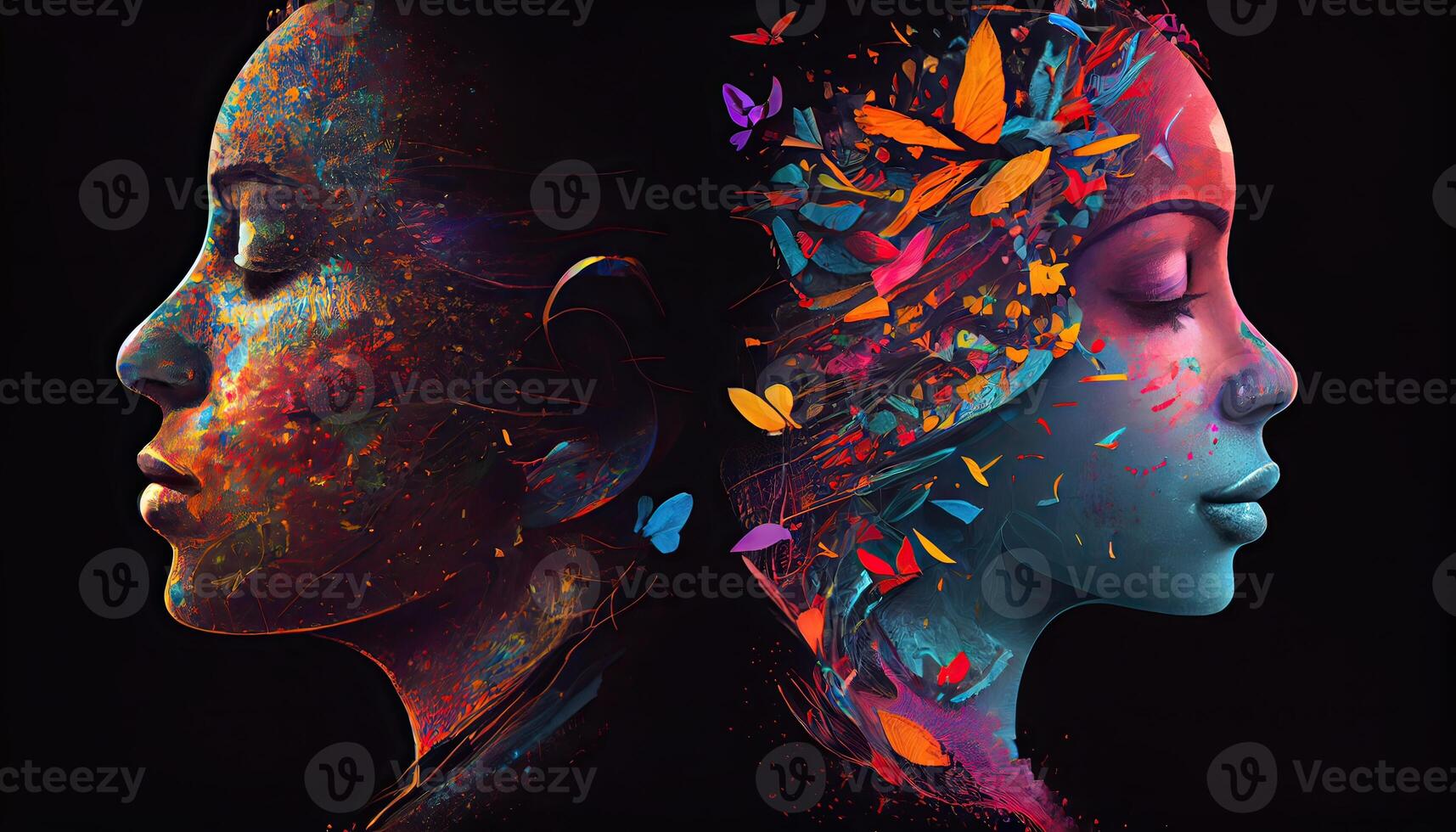 human brain concept. Creative part and colorful forest and nature. Colorful vector brain illustration, brain hand-drawn painting of forest nature. Non-existent person. photo