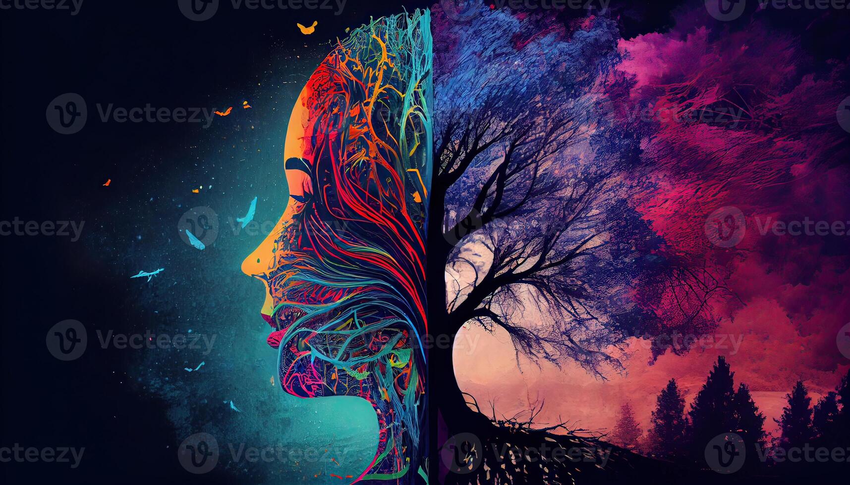 human brain concept. Creative part and colorful forest and nature. Colorful vector brain illustration, brain hand-drawn painting of forest nature. Non-existent person. photo