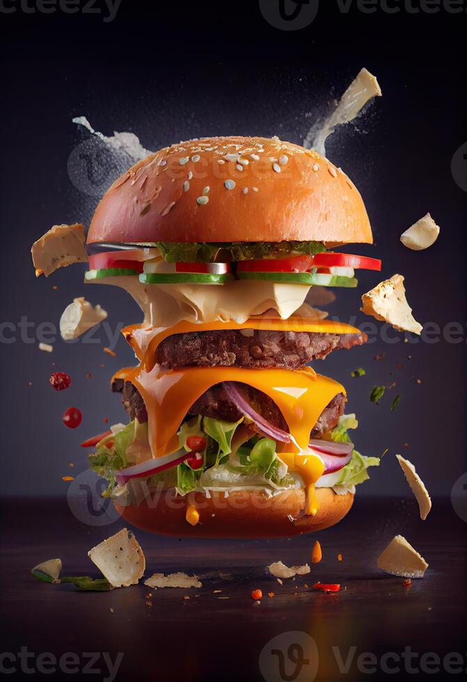 American food. Burger layers isolated. Separated burger layers. Hamburger explosion. Cheeseburger flying fillings isolated. Levitation of burger and cheese, meat, lettuce. photo