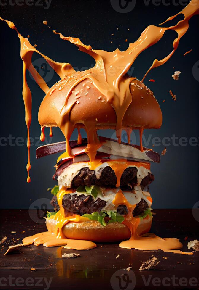 American food. Burger layers isolated. Separated burger layers. Hamburger explosion. Cheeseburger flying fillings isolated. Levitation of burger and cheese, meat, lettuce. photo