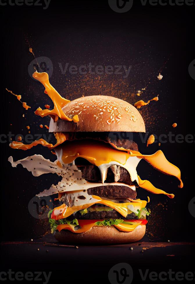 American food. Burger layers isolated. Separated burger layers. Hamburger explosion. Cheeseburger flying fillings isolated. Levitation of burger and cheese, meat, lettuce. photo