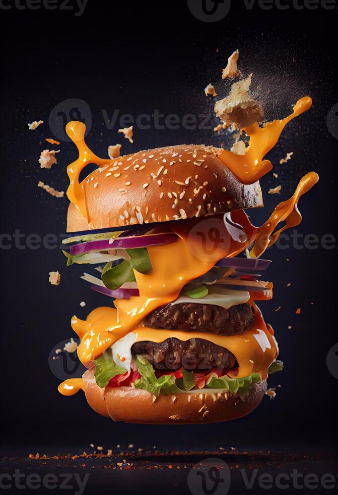American food. Burger layers isolated. Separated burger layers. Hamburger explosion. Cheeseburger flying fillings isolated. Levitation of burger and cheese, meat, lettuce. photo