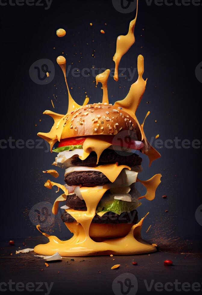 American food. Burger layers isolated. Separated burger layers. Hamburger explosion. Cheeseburger flying fillings isolated. Levitation of burger and cheese, meat, lettuce. Generative Ai photo