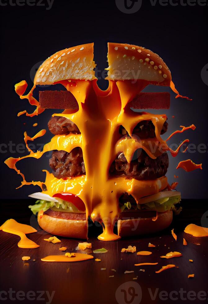 American food. Burger layers isolated. Separated burger layers. Hamburger explosion. Cheeseburger flying fillings isolated. Levitation of burger and cheese, meat, lettuce. photo