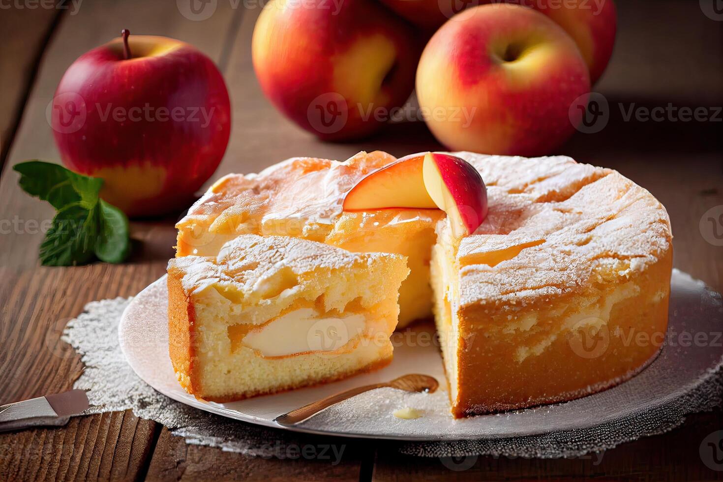 Sponge cake or chiffon cake with apples, so soft and delicious with ingredients eggs, flour, apples on wooden table. Homemade bakery concept for background and wallpaper. . photo