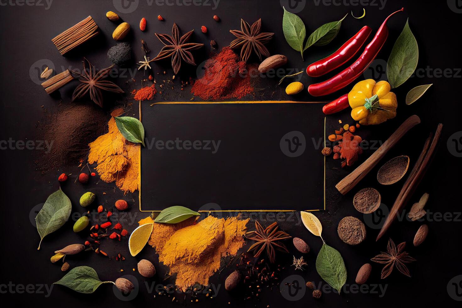 variety of spices and herbs on a background of a black table, with empty space for text or labels. Various spices for cooking on a rustic wooden background banner with copy space. . photo