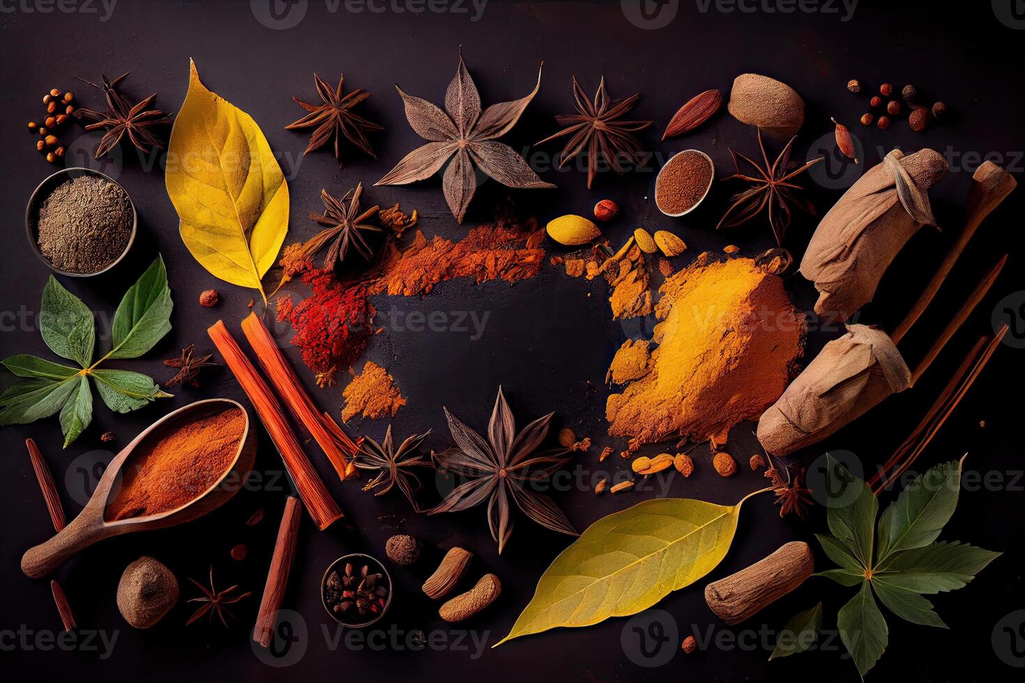 variety of spices and herbs on a background of a black table, with empty space for text or labels. Various spices for cooking on a rustic wooden background banner with copy space. . photo