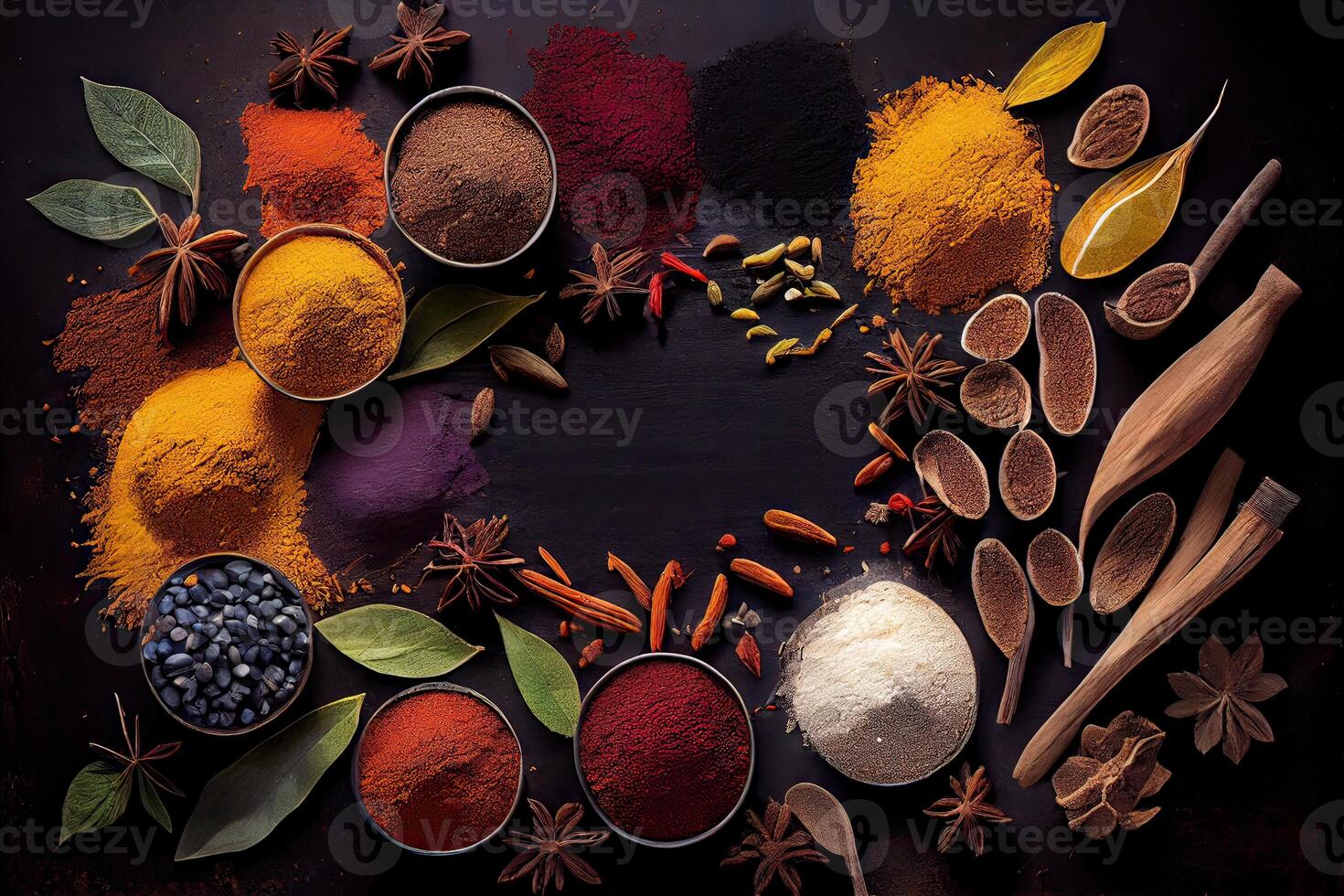 variety of spices and herbs on a background of a black table, with empty space for text or labels. Various spices for cooking on a rustic wooden background banner with copy space. . photo