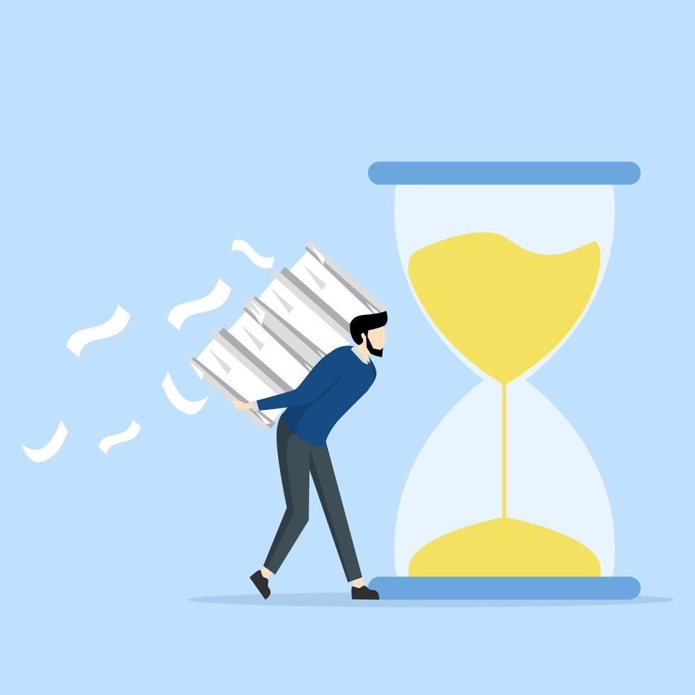 overworked or overworked office routine concept, Aggressive workload and deadlines lead to tiredness and exhaustion, tired businessman carrying heavy documents with deadline alarm clock above. vector