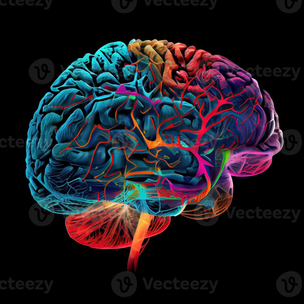 spectrum rainbow color brain with 3D shading style and wireframe illustration isolated on black background. Colorful side views brain illustration isolated on black background. photo