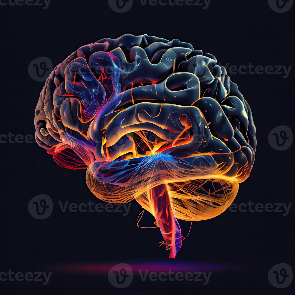 spectrum rainbow color brain with 3D shading style and wireframe illustration isolated on black background. Colorful side views brain illustration isolated on black background. photo