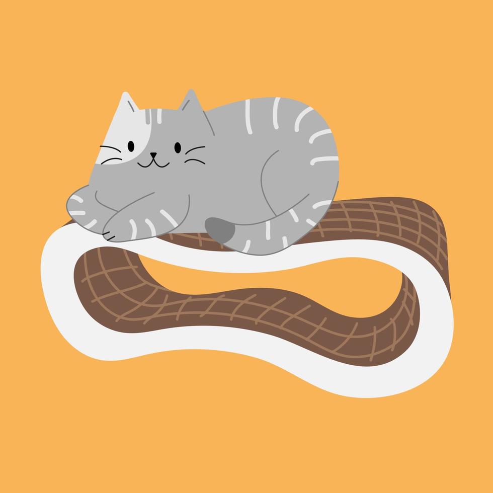 Cute cat lying on the scratching post. Vector illustration with a domestic cat. Orange isolated background. Pet store theme.