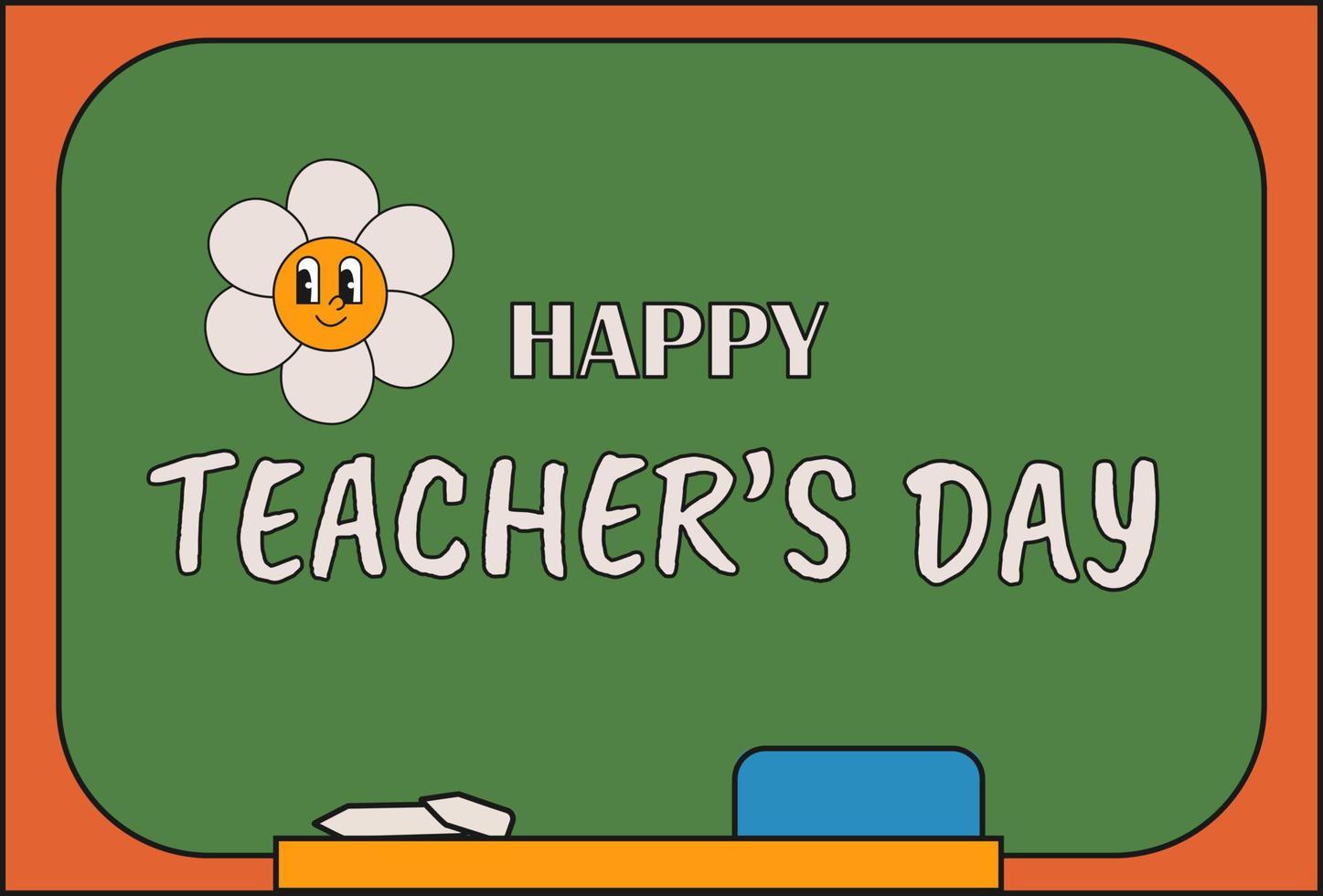 Vector banner for Teachers' Day holiday. School blackboard with Teacher's Day inscription. Illustration in 70's, 80's style. Background for pedagogy holiday.