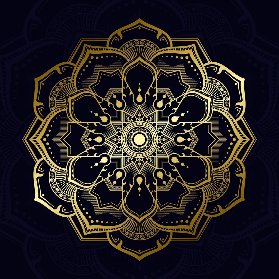 Mandala pattern modern thai art style, golden hexagon shape on a navy blue colour background vector