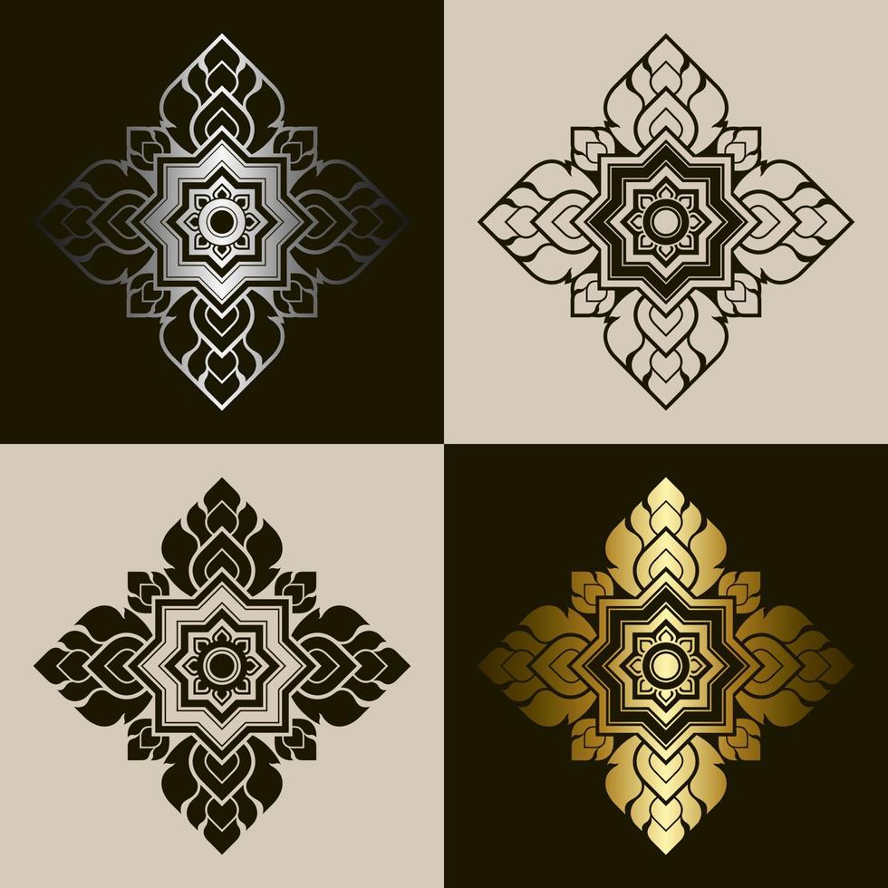 Traditional Thai art pattern set. Prajam Yam. Solid dark brown and line art decorative design elements. Gradient gold and silver. Vector illustration.