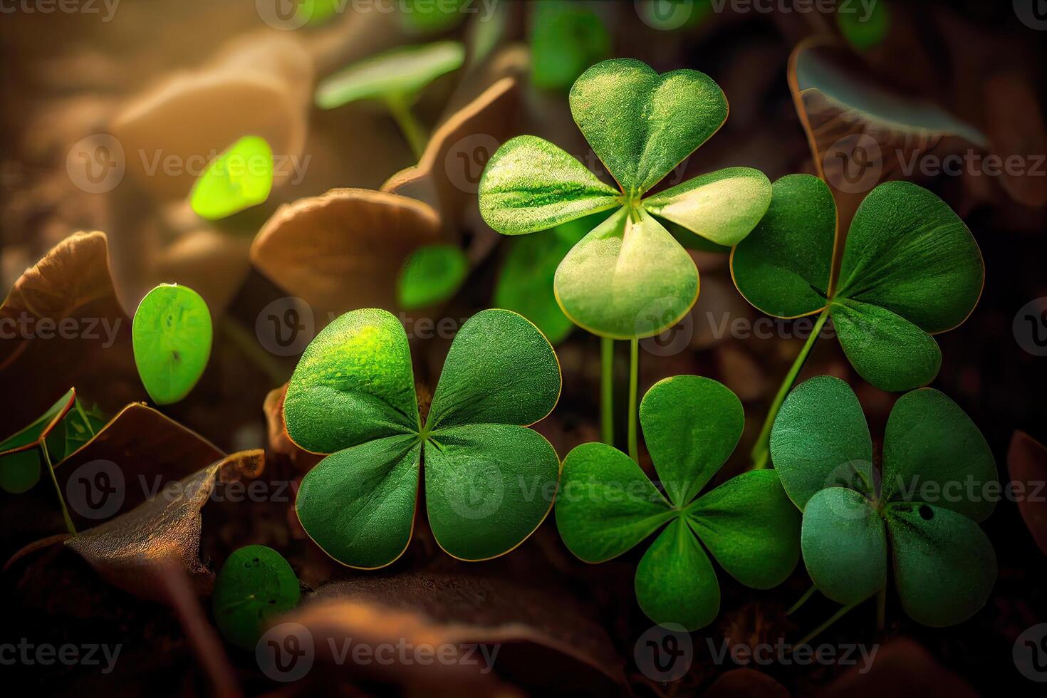 Four-leaf clovers in grass against blurred natural background. green clover leaves. St.Patrick 's Day. Spring natural background. photo