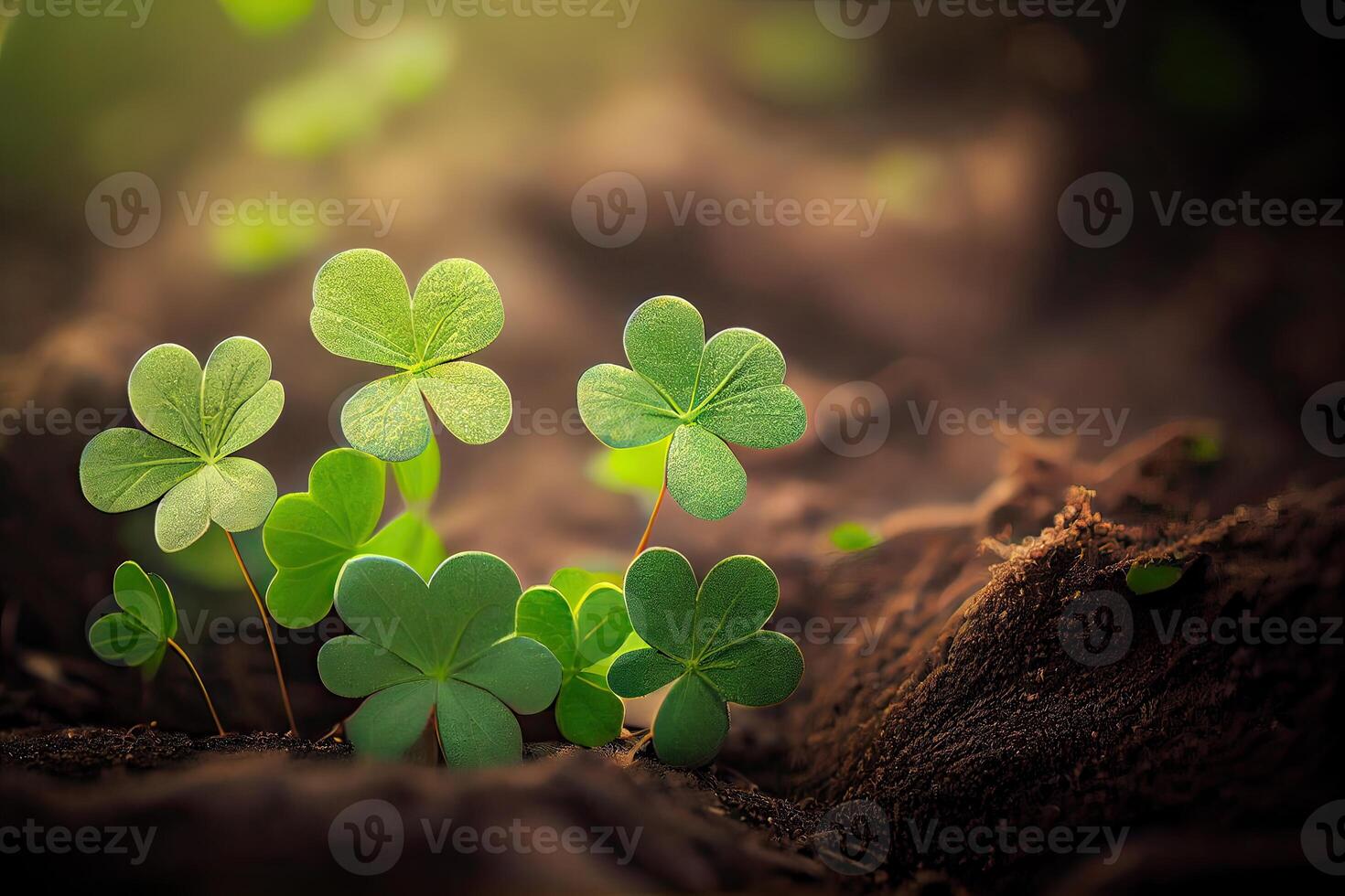 Four-leaf clovers in grass against blurred natural background. green clover leaves. St.Patrick 's Day. Spring natural background. photo