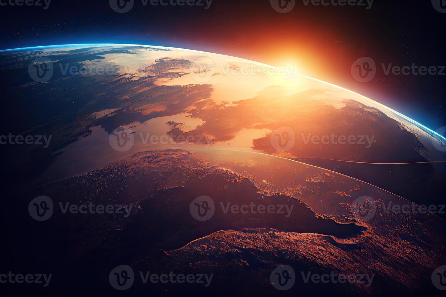 hermosa planeta tierra visto desde espacio, aéreo ver de amanecer y puesta de sol aéreo vista. generativo ai foto