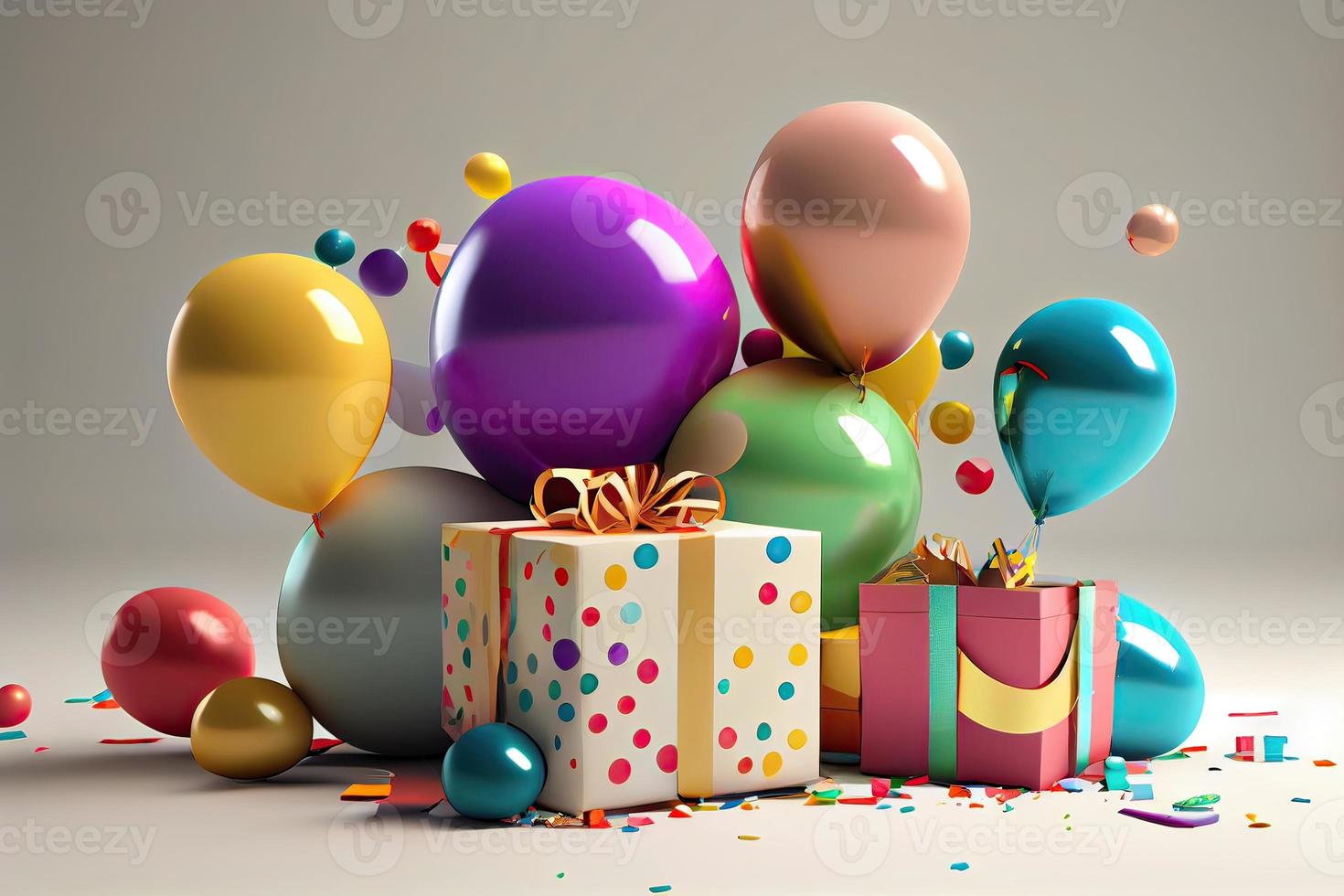 Celebration, Birthday party background with colorful party hat, confetti, gift boxes and other decor. Colorful accessories for parties on wooden table. Copy space photo