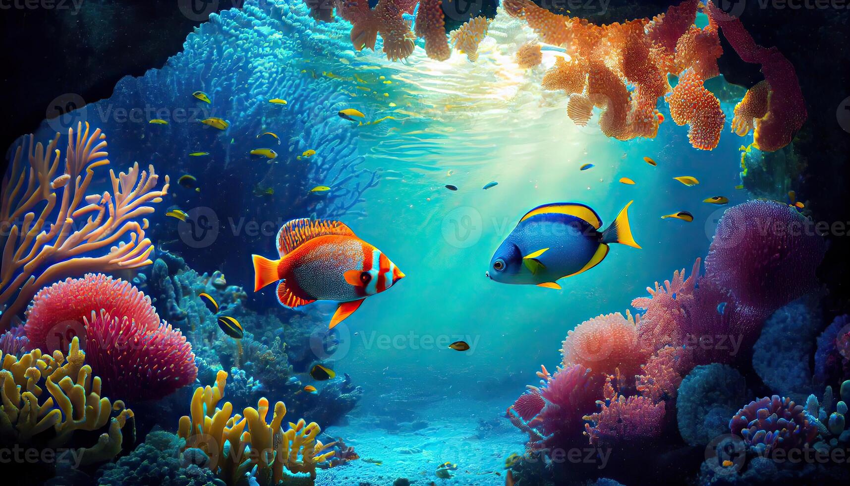 Underwater scene. Coral reef, colorful fish groups and sunny sky shining through clean ocean water. Space underwater for you to fill or just use standalone. High res. photo