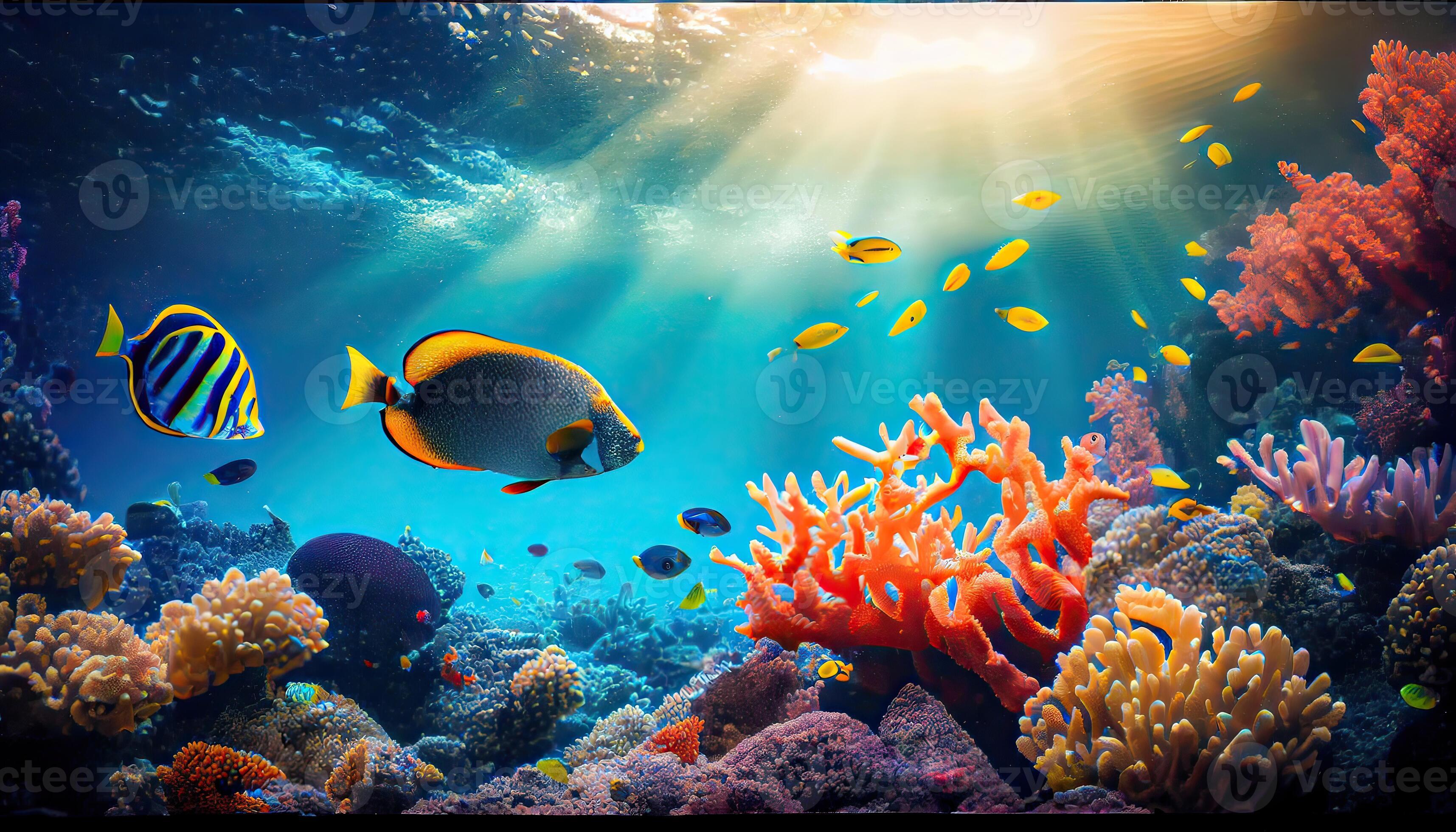 Underwater scene. Coral reef, colorful fish groups and sunny sky