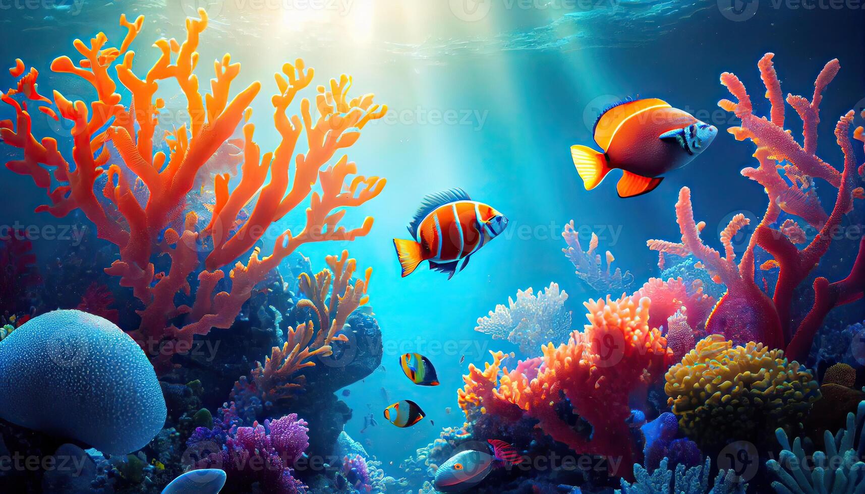 Underwater scene. Coral reef, colorful fish groups and sunny sky shining through clean ocean water. Space underwater for you to fill or just use standalone. High res. photo