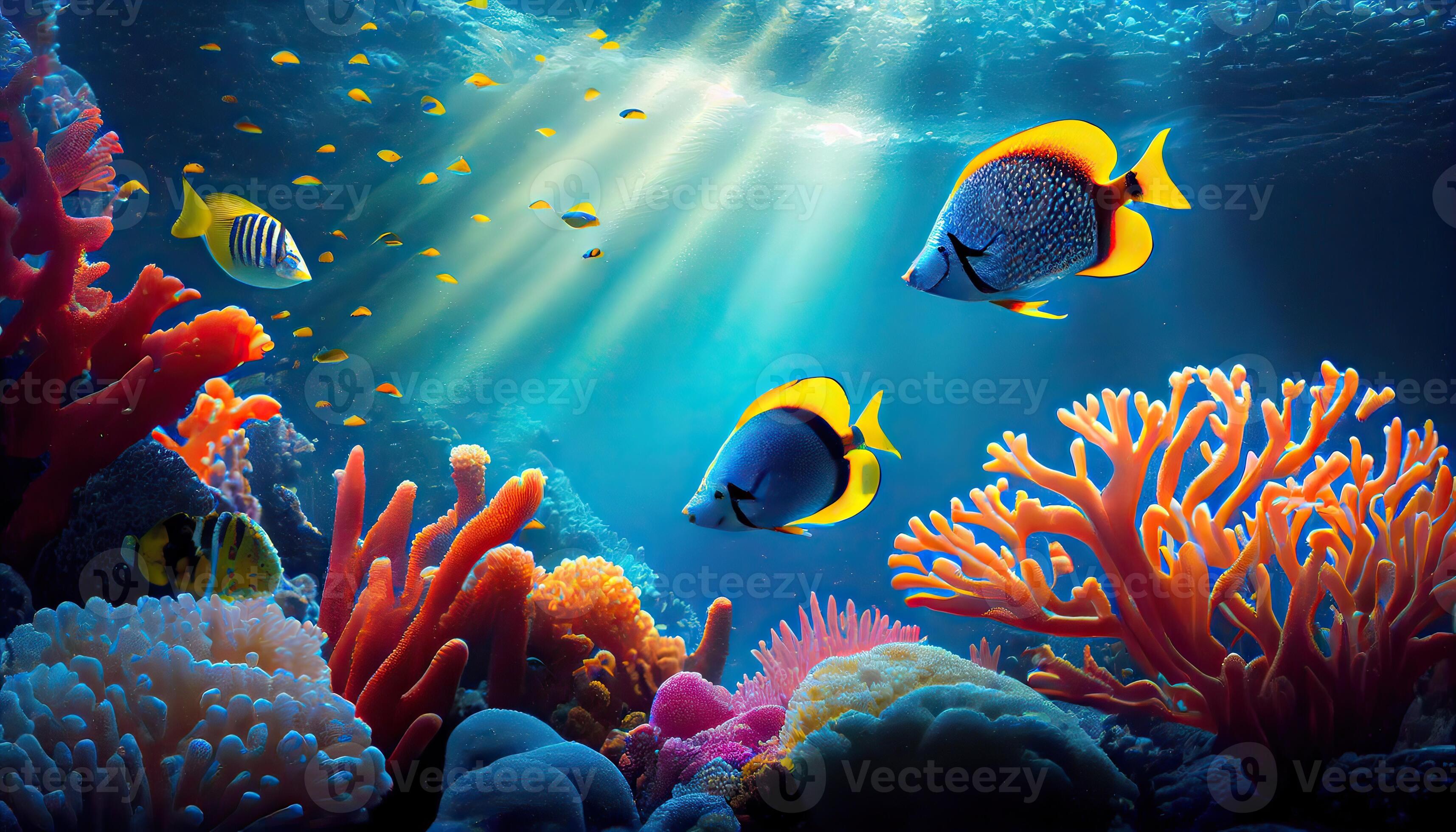 Underwater scene. Coral reef, colorful fish groups and sunny sky shining  through clean ocean water. Space underwater for you to fill or just use  standalone. High res. Generative Ai 22574765 Stock Photo