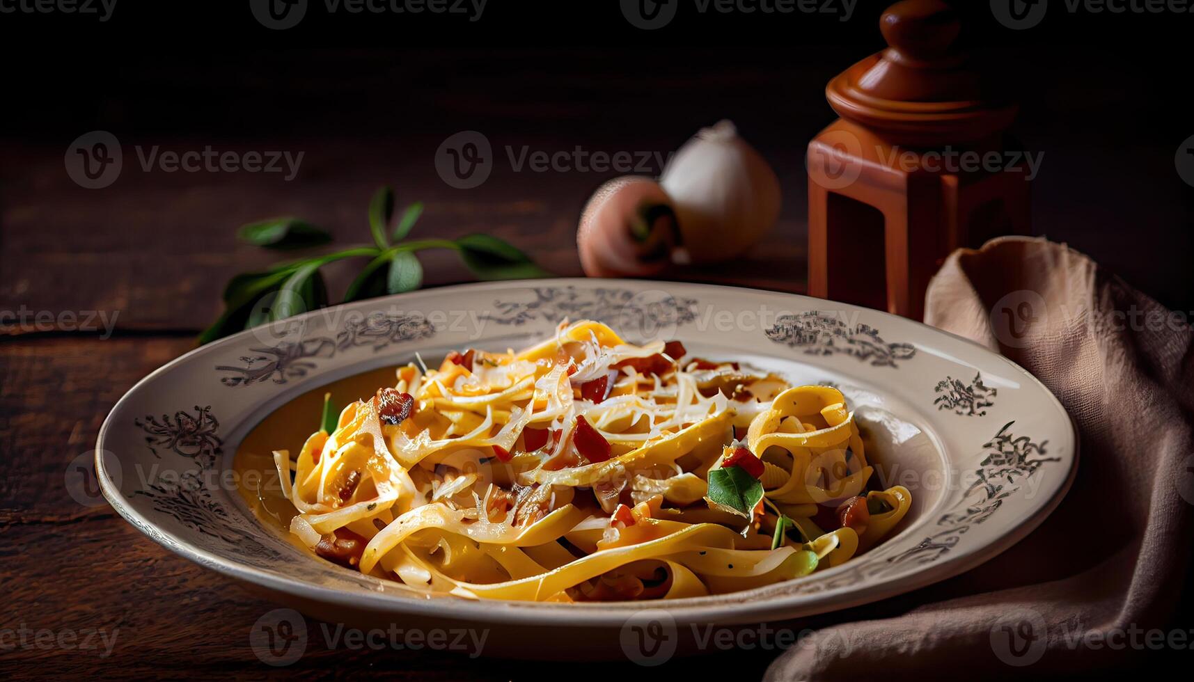 Pasta Carbonara. Spaghetti with bacon, parsel and parmesan cheese. Pasta Carbonara on white plate with parmesan on dark background. Italian food concept. . photo