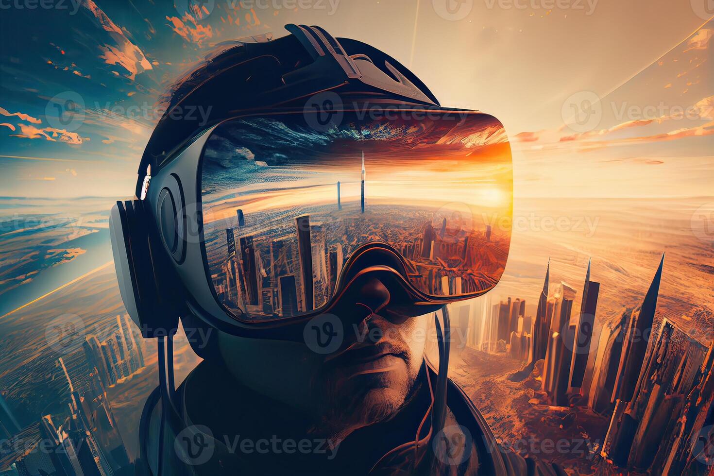 Man wearing virtual reality goggles and standing in virtual world background. Concept of virtual reality technology. Non-existent person. photo