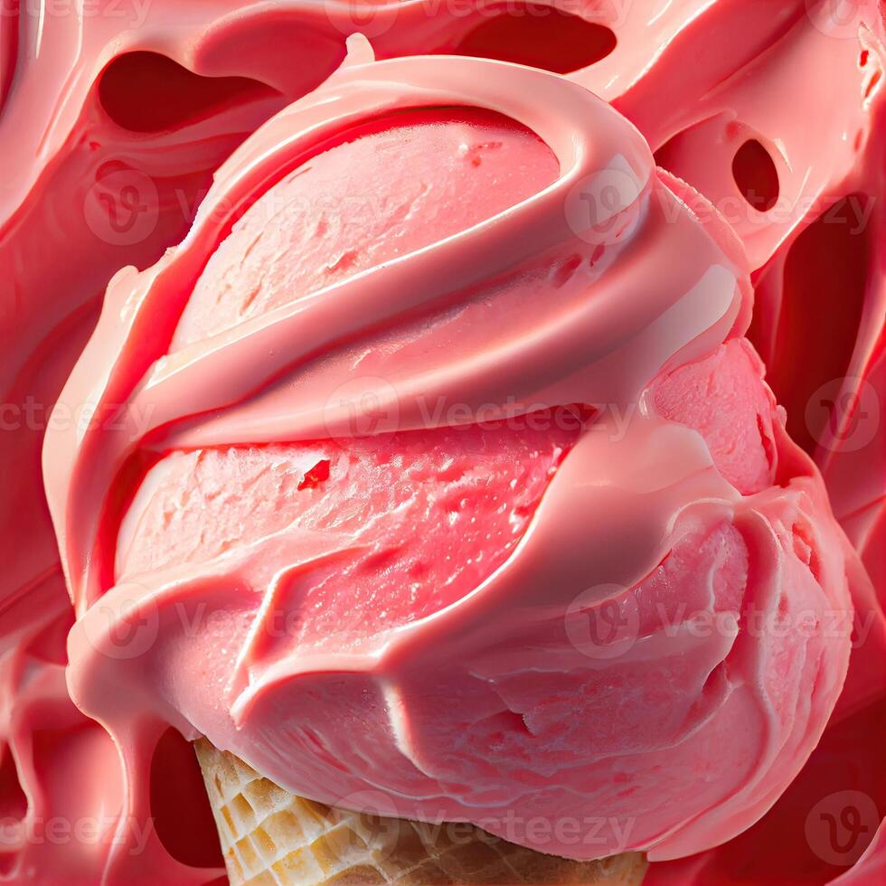 Strawberry Ice Cream Background Macro. Beautiful Ice-Cream Balls close up. strawberry ice cream scoop from the side view on textured ice cream background. photo